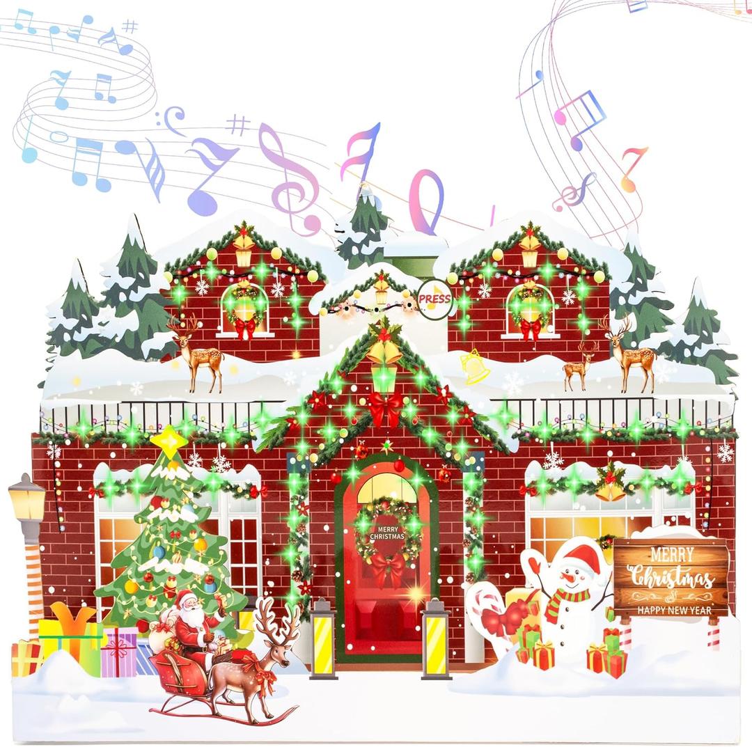 Christmas Card with Lights and Music,3D Pop Up Christmas Gift Greeting Card with Envelopes,Plays 3 Melody with Matching Flashing Lights
