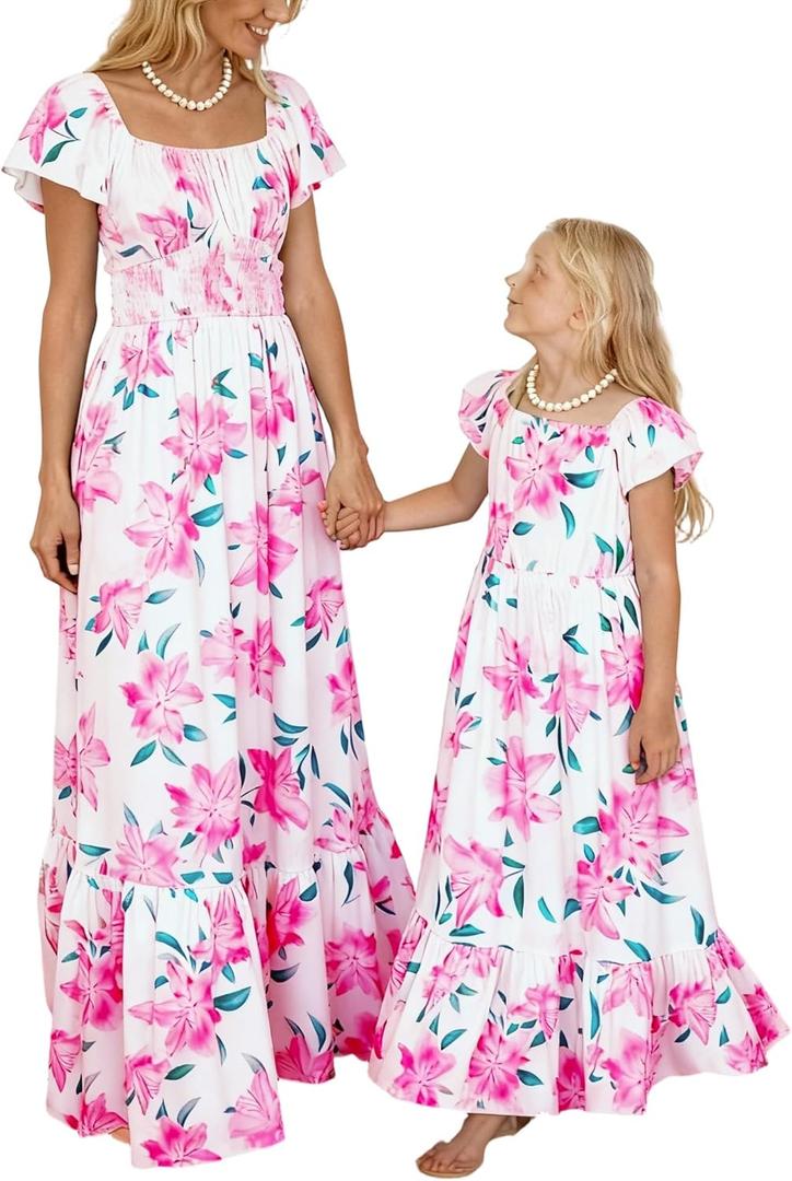 Mommy and Me Matching Dresses Summer Floral Boho Ruffled A-Line Beach Maxi Dress with Pockets (US, Alpha, Small, Regular, Pink)