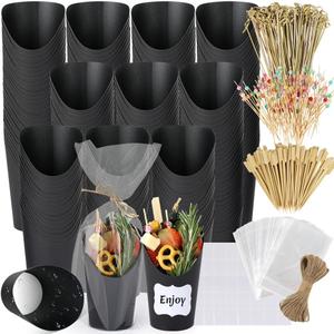 100 Sets 12 oz Black Charcuterie Cups with Sticks, 300 Picks + 100 Bags + 100 Labels, Individual Charcuterie Cups, Paper Snack Cups Disposable French Fry Cups for Parties, Catering