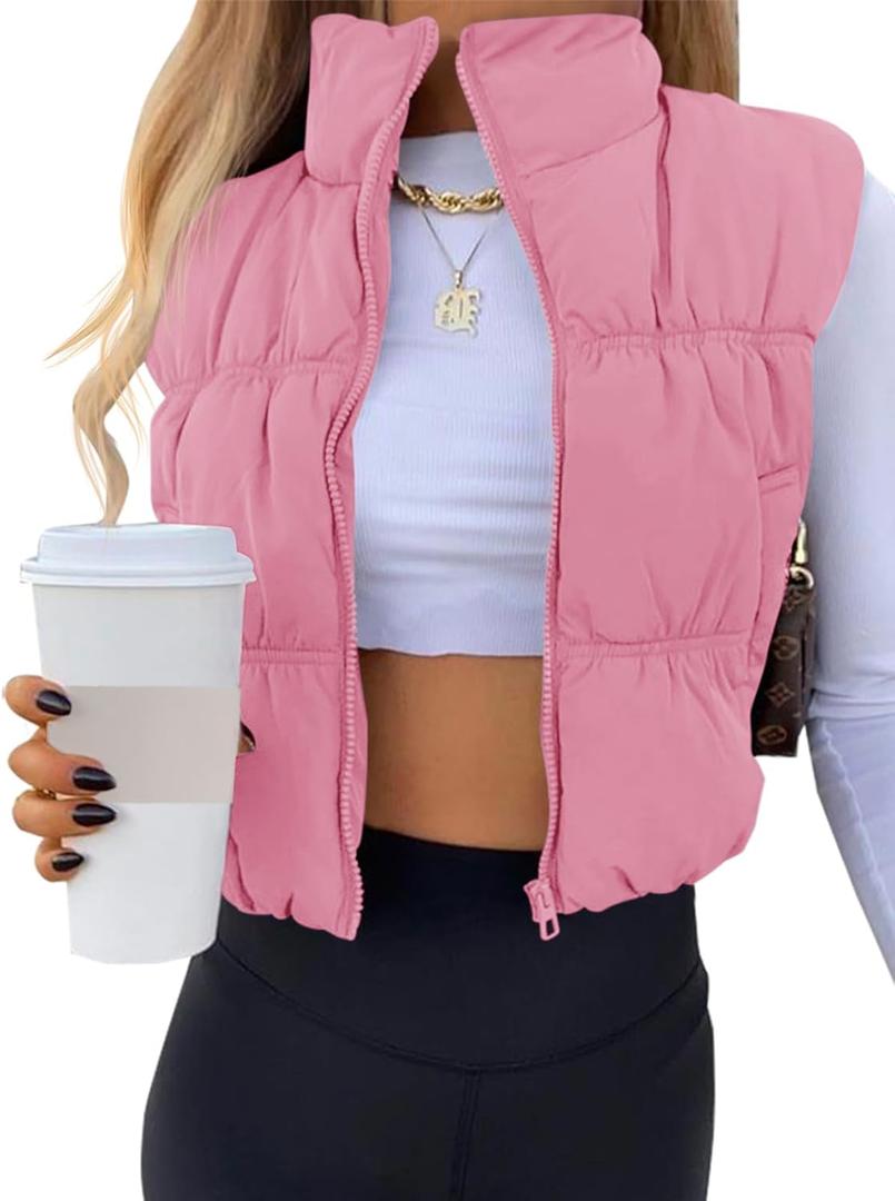 SySea Women's Crop Puffer Vest Winter Zip Up Lightweight Sleeveless Warm Outerwear Padded Coat (Small Pink)