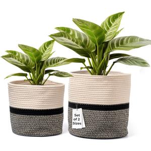 Hallops Woven Planter Basket - Indoor Plant Basket for Flowers Herbs Succulents - Multi-Use Storage Organizer - Set of 2 - Black & Light Brown - Stylish and Versatile Design