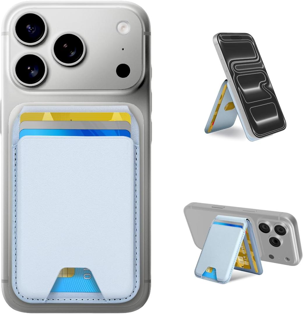 for MagSafe WalletLeather Magnetic Wallet for Phone with Adjustable Stand5 Magnetic Credit Card Holder RFID Blocking for iPhone 17 16 15 14 13 12 Pro Max Air Series Cases(Slim-Light blue)