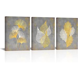Conipit Grey and Yellow Canvas Wall Art Abstract Leaf Painting Botanical Pictures Minimalist Artwork Prints for Office Bedroom (12''X16''X3PCS)