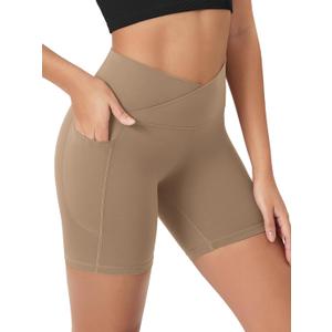ODODOS Women's Crosover Yoga Shorts with Pockets, 6" Buttery Soft V High Waist Lounge Biker Shorts (Beige, XL)