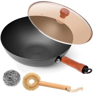 WANGYUANJI 12.6" Iron Wok with Lid, Flat Bottom Nonstick Wok Pan with Detachable Wooden Handle, Chinese Stir Fry Pan for Induction, Gas and Electric Stoves