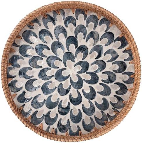 YANGQIHOME Round Serving Tray with Handle, Rattan Tray with Decorative Mother of Pearl Inlay, Round Wicker Trays for Home Decor, Coffee Table, Gifts, Dining,13.8 inch Blue