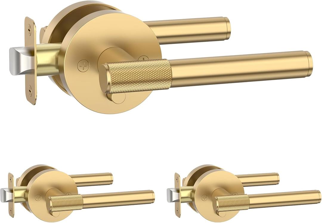 Amerdeco 3 Pack Privacy Knurled Champagne Bronze Door Handles Interior with Lock, Heavy Duty Door Lever for Bedroom or Bathroom, Reversible Keyless for Left Right Handed Doors