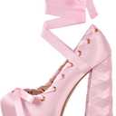 Platform Heels Chunky Bow Ribbon Pumps (Pink) 