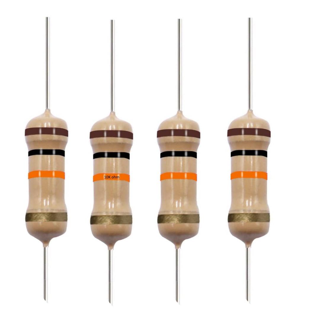 10K Ohm Carbon Film Single Fixed Resistor 1/2 W (0.5 Watts) 5% Tolerance, (10K R, 10K ohm, 10K ) Resistor (10 Pack)