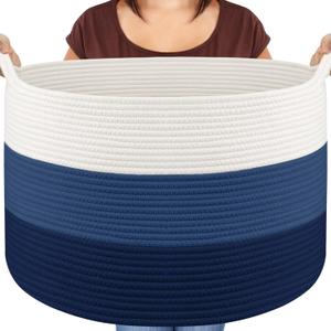 Maliton XXX Large Cotton Rope Blanket Basket, 22" x 22" x 14" Storage Baskets for Organizing, Kids Dog Toy Storage Box Organizer Bins, Blanket Holder for Living Room, Bedroom, Kids Room, Bathroom (White & Blue)