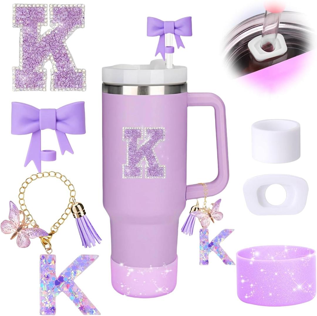 MOTEERLLU 6pcs Purple Stanley Cup Accessories Set,Bow Straw Cover for Stanley Cup 30oz 40oz, Including Straw Topper,Spill Proof Stopper,Sparkly Silicone Boot Set,Handle Charm,Initials Sticker (K)