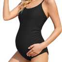 American Trends Maternity Swimsuit One Piece Maternity Bathing Suit Round Neck Adjustable Shoulder Strap Pregnancy Swimwear (Black, L)