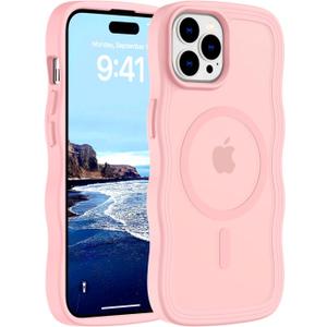 Hualele Magnetic for iPhone 15 Pro Max Case, Compatible with MagSafe, Military Grade Dropproof Translucent Matte Back Cute Curly Wave Edge Slim Phone Case 15 Pro Max, Light Pink
