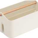Navaris Organizer Caddy with Wood Handle - Storage Holder with 2 Compartments for Makeup Nursery Desk Bathroom 10.4" x 6.5" x 5.9" - Cream
