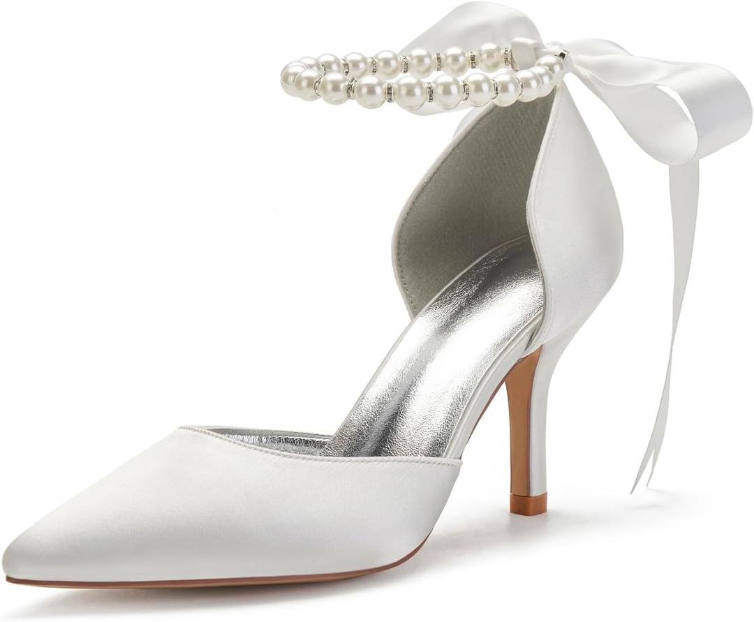 Women's Pearl White Wedding Shoes for Bride High Heels Pointed Toe Bridal Shoes Satin Prom Party Dress Pumps Sandals, Size 40