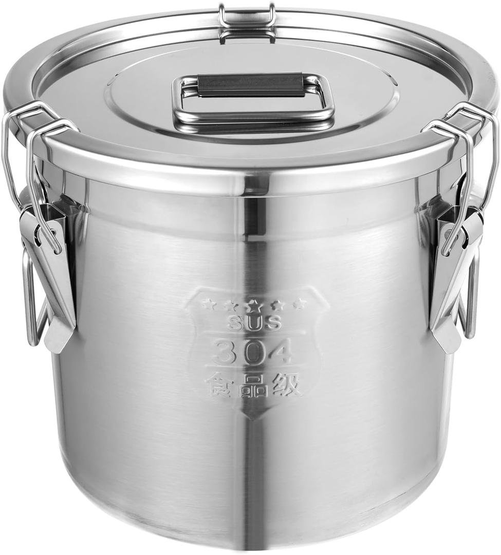 DYNAMI 304 Stainless Steel Airtight Canister for Kitchen, 3.2Gal/405oz Flour Container with Lid and Locking Clamp,10-21Lbs Metal Bucket Food Storage Container for Rice, Flour, Grain, Coffee Bean (12L)