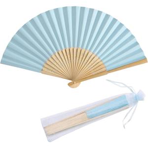 50pcs Paper Hand Fan with Organza Bags Bamboo Handheld Folding Fan DIY Decorative Wedding Party Favors (Light Blue)