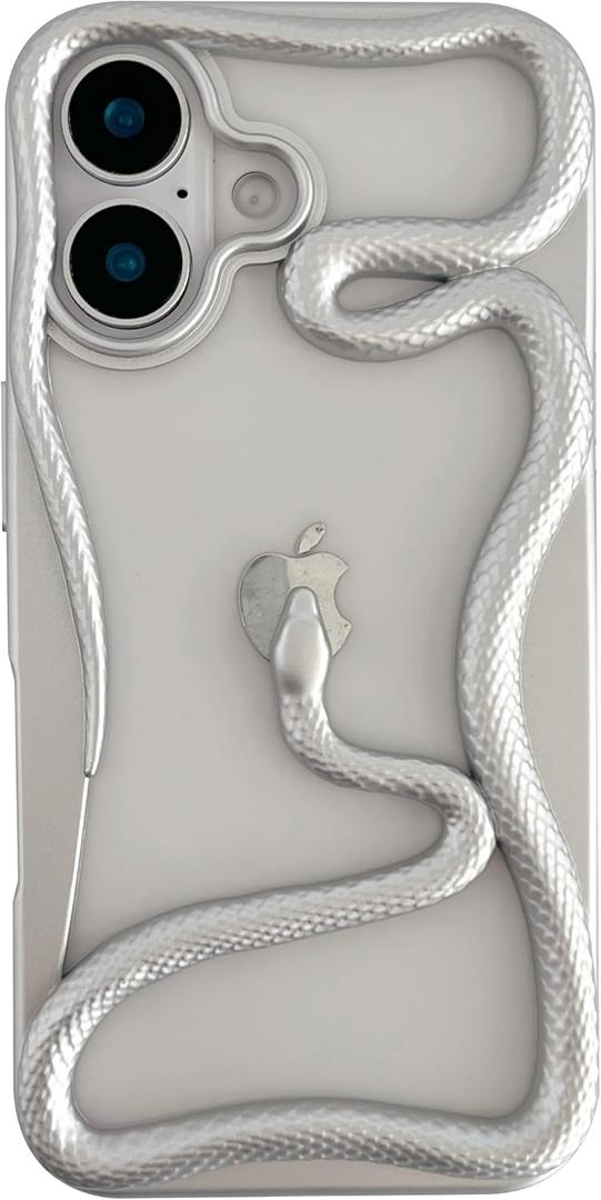 FLIRACON Cute Cool Hollow Solid Color 3D Snake Heat Dissipation Soft Phone Case Compatible with iPhone Case(Silver,for iPhone 16)