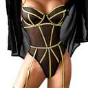 Kaei&Shi Rave Outfits For Women, Sparkly Strappy Corset Bodysuit, Festival Sequin Rhinestone Metallic, Sexy Mesh Lingerie (4-6, Black Gold)