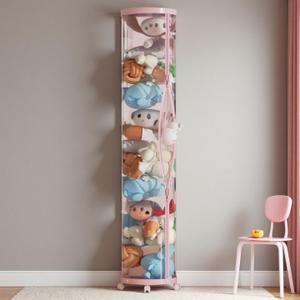 Upgraded Stuffed Animal Storage Tube, 59" Tall (150cm) Plush Organizer with 4 Wheels, PET Clear Bucket & Double Zipper, Space-Saving Toy Storage for Kids Room, Tidy Zoo Bin for Stuffed Animals (Pink)