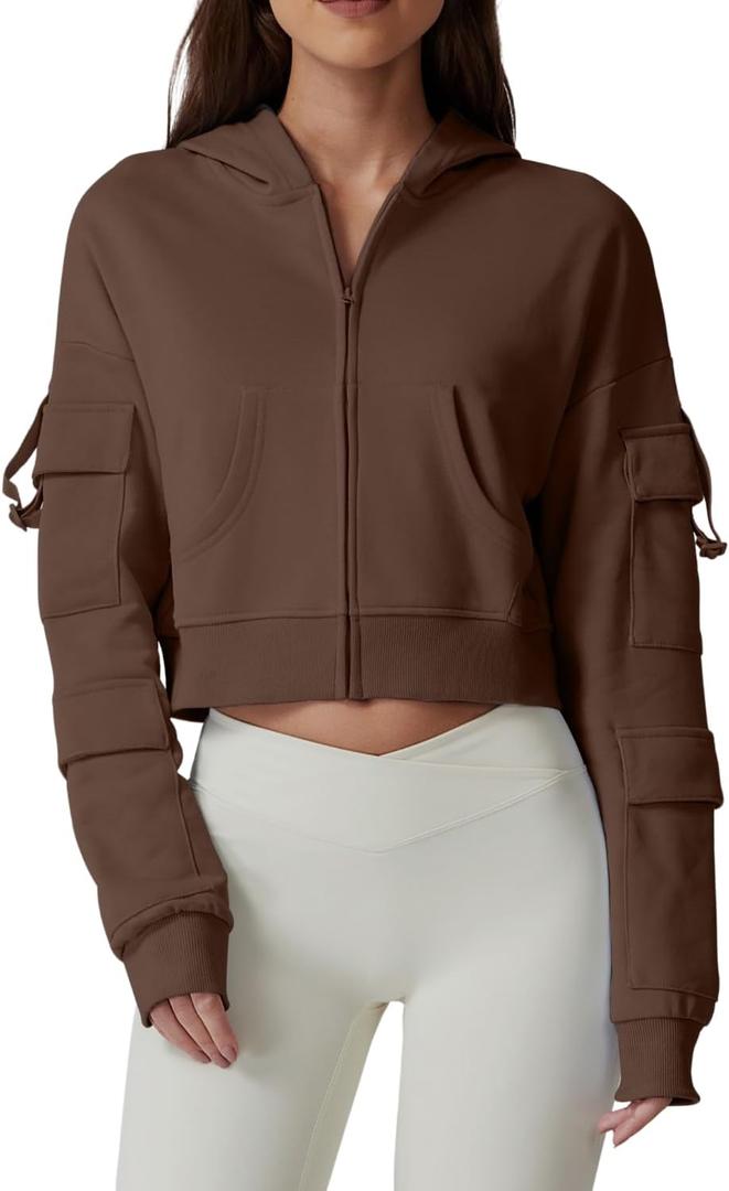 QINSEN Hoodies for Women Full Zip Up Cropped Jacket Long Sleeves with Cargo Pockets Sweatshirts Tops (Brown, XS)