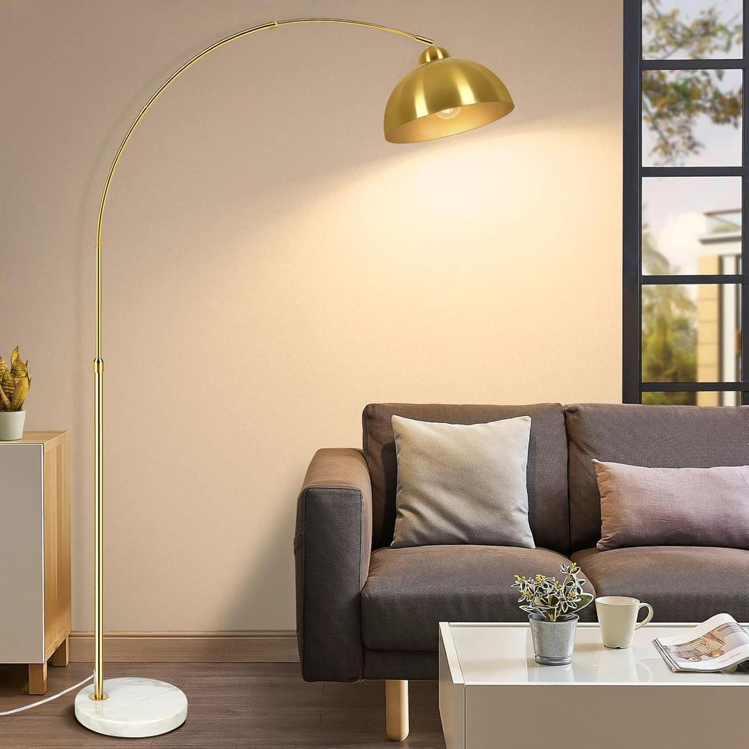 Contemporary Gold 73" Arc Floor Lamp with Hanging Dome Shade, Marble Base Adjustable Farmhouse Over the Couch Tall Stand Up Light, Industrial Task/Reading Standing Corner Lamp for Living Room Bedroom (White)