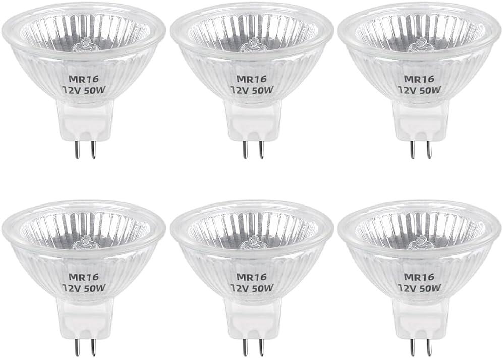 6 Packs MR16 GU5.3 50W Halogen Light Bulbs Bi-Pin Base GU5.3 12V Halogen, 38 Beam Angle, Warm White 2800K, MR16 12V Bi Pin Bulb 50mm Dimmable for Bathroom, Recessed Lighting