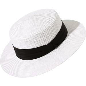 Lanzom Sun Hats for Women Wide Brim Straw Boater Hat Foldable Packable Beach Hat for Summer Fit Size 6 8/7-7 1/4 (Medium-Large, White)