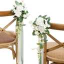 Ling's moment 8pcs Wedding Artificial Aisle Pew Flowers Chair Decorations White & Sage Green Arrangements with Chiffon Ribbons for Ceremony Chair Back Floral Reception Church Party Outdoor