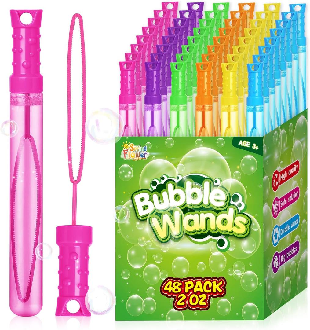 SpringFlower 48 Pcs Bubble Wand, Bubble Wands Bulk, Bubble Party Favor Supply for Summer Indoor & Outdoor Activities, Bubble Solution Summer Toy in 6 Colors, Birthday,Wedding, Party