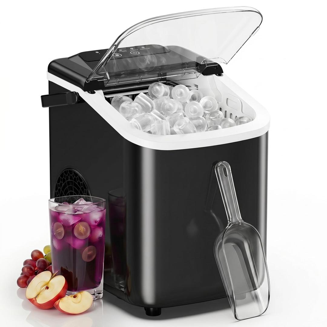 Sweetcrispy Countertop Ice Maker with Scoop, Basket and Handle, Portable Ice Machine 9 Cubes Ready in 6 Mins, 26.5lbs in 24Hrs, 2 Sizes for Home Kitchen Office Bar Party, Black
