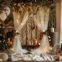 Fomcet Tulle Backdrop Curtains with Lights String 10FT X 8FT Champagne Sheer Curtain with Lights Tulle Curtains Backdrop for Wedding Birthday Party Photo Shoot (2 Panels 5x8FT)