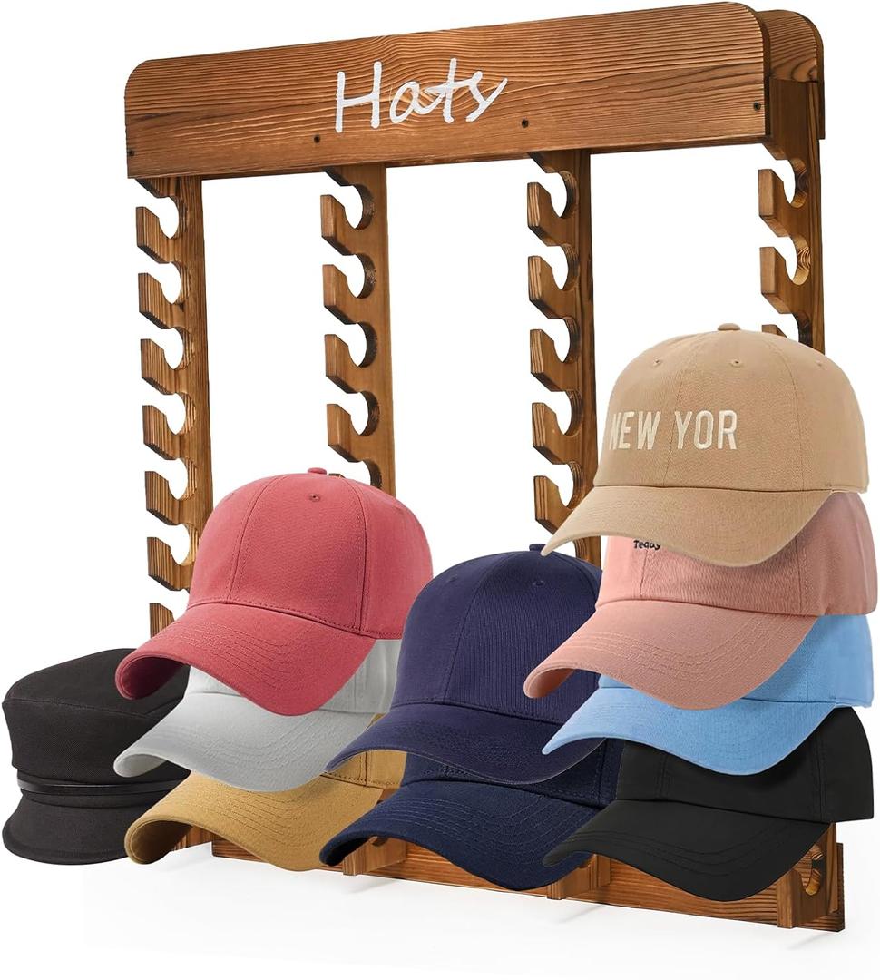 Wooden Hat Racks for Baseball Caps, 40-Slot Wall Mount Baseball Cap Rack, Hat Organizer for Display and Storage, Vertical Cap Hanger for Bedroom, Entryway or Closet