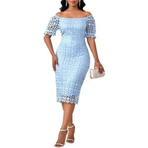 Cololura Women Elegant Floral Lace Mesh Short Sleeve Formal Evening Gown Party Bodycon Pencil Dress (Large, Blue-2)