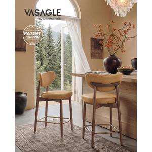 VASAGLE Wooden Bar Stools Set of 2, Upholstered Counter Height Barstools with Solid Wood Legs, Ergonomic Backrest, Mid Century Modern, for Kitchen Island, Synthetic Leather, Caramel Brown