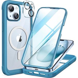 Miracase Glass Series for iPhone 15 Case [Compatible with MagSafe] Full-Body Magnetic Bumper Case with Built-in 9H Tempered Glass Anti-Fingerprint Screen Protector + Camera Lens Protector, Sea Blue