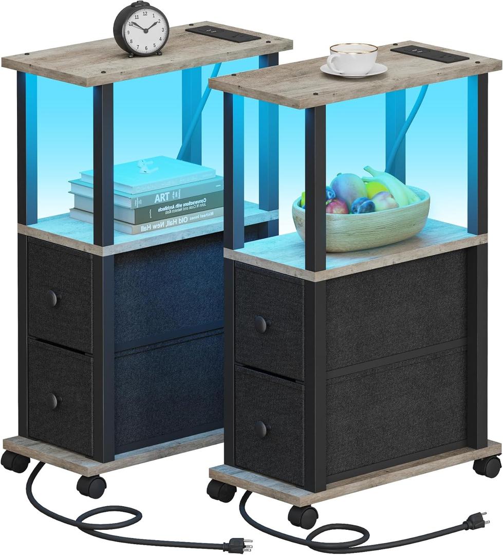 TUTOTAK Small Narrow End Tables, LED Side Tables with 2 Fabric Drawers, Set of 2, Bedside Tables with Charging Station for Small Spaces, Slim Nightstands with USB Ports and Wheels, TB01BG053L (Greige)