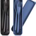 Large Reusable Utensil Set with Case, 2 Sets Portable Plastic Spoons Fork Knife Camping Utensils for Lunch Box Accessories for Kids Adults Travel Picnic Camping Daily Use, (Blue, Black)