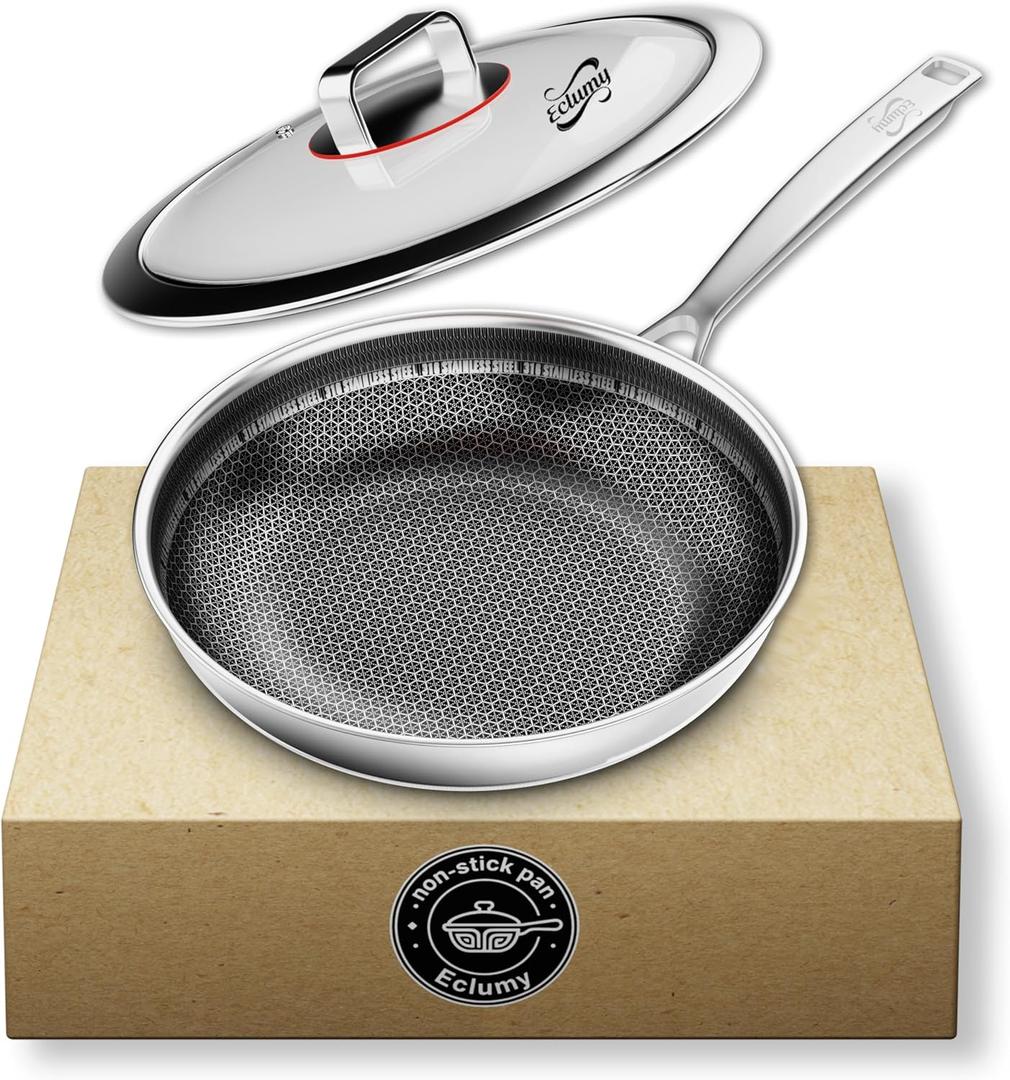 Non Stick Frying Pans, Stainless Steel Pans Tri-Ply Frying Pan with Lid, Non-Toxic PFAS PFOA PTFE Free, Metal Utensil Dishwasher & Oven Safe Induction Compatible (10-inch)