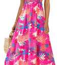 BTFBM Womens Spring 2026 Casual Maxi Dresses Short Sleeve Smocked Tiered Floral Boho Long Beach Dress with Pockets (Pink, S)