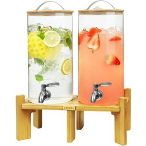 L'PICA 1.5 Gallon Drink Dispenser for Parties 2 PCS, Beverage Dispenser Set of 2, Glass Drink Dispensers with Wood Stand, Large Drink Dispenser with Stainless Steel Spigot 100% Leakproof, Wood Lid.