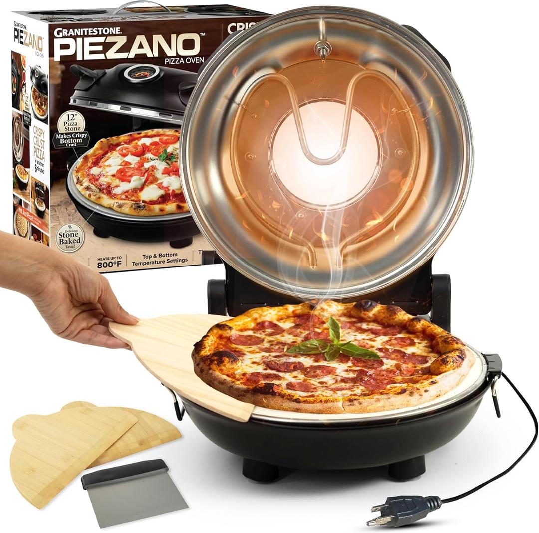 PIEZANO Crispy Crust Pizza Oven by Granitestone – 12 Inch Electric Pizza Oven Indoor Countertop Maker with Ceramic Stone Heats up to 800˚F for Stone Baked Pizzeria Style at Home As Seen on TV Products