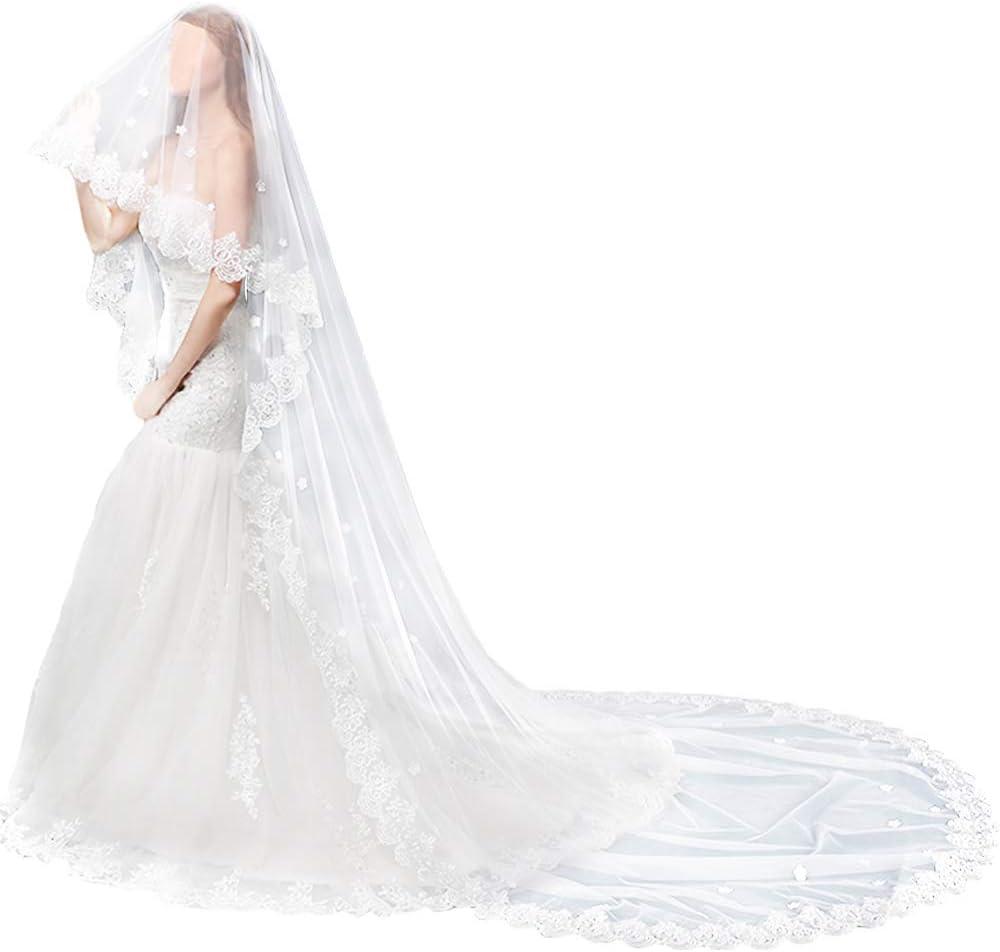 TINTON LIFE Wedding Bridal Veil Cathedral Lace Edge Womem's Long Appliques Veil 2 Tier, Light Ivory