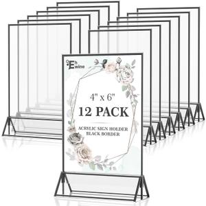 EHWINE 12 Pack Acrylic Sign Holder 4 x 6, Double Sided Black Picture Frame Stand up Table Top Sign Holders, Clear Display Stand Menu Flyer Holder for Wedding Party(Provide Non-slip Mats)
