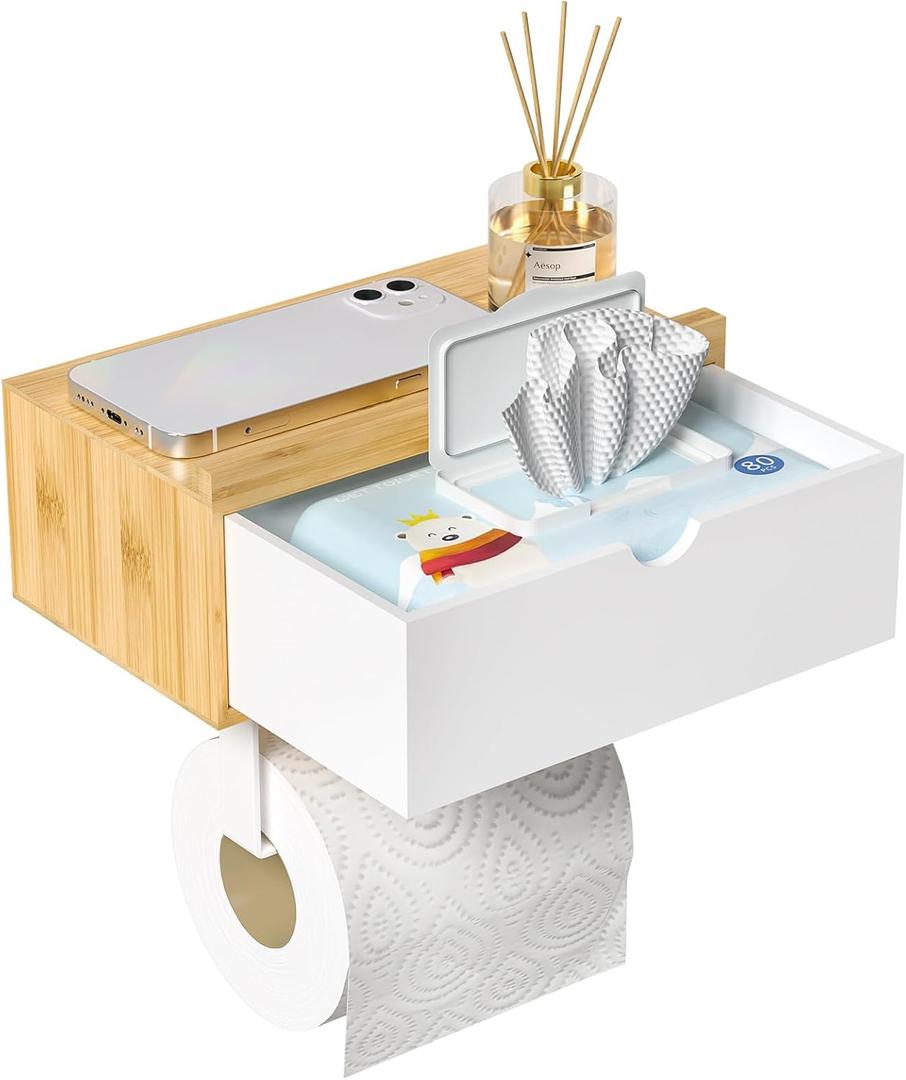Domax Toilet Paper Holder with Shelf - Wall Mount/Adhesive Bathroom Toilet Paper Holder,Bamboo Wood Tissue Toilet Roll Holder with Storage Drawer for Organizer Wipes,Fits Any Room Bamboo+White, Medium