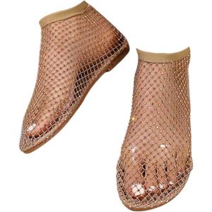 Ultra Comfortable Mesh Flats for Women Fishnet Sandals Low Heel Slip on Rhinestone Shoes, 7, Gold