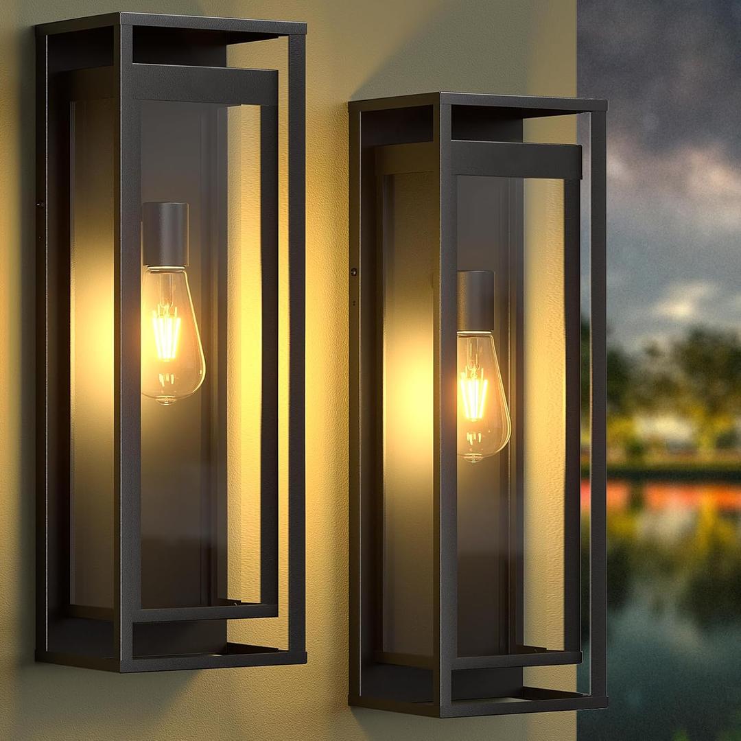 20in Outdoor Wall Light-Black Modern Sconce Waterproof Exterior Lighting Fixture with Tempered Glass E26 Socket Porch Lights Extra Large Lantern for Entryway Patio House Garage 2 Pack