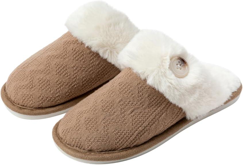 Csfry Women's Ultra Soft Plush Knit Slippers Warm Non-Slip Indoors And Outdoor House Shoes, Brown5-6