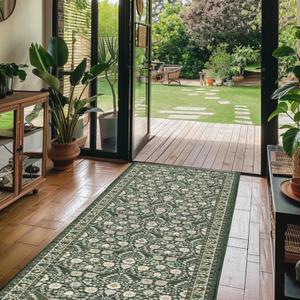 Non-Slip Runner Rug 2x6 for Kitchen: Carpet Runners for Hallway 6ft Washable Floral Boho Low Pile Soft Dark Green Rugs - Botanical Indoor Mats for Entryway Laundry Bedroom Bathroom