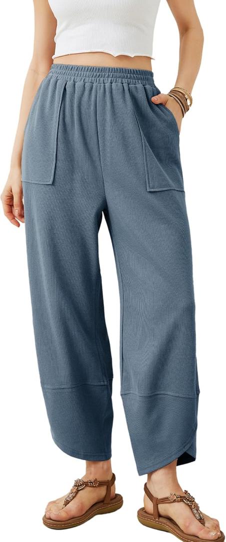 Xiaoxuemeng Womens Baggy Wide Leg Pants Casual Elastic Waisted Palazzo Harem Pants with Pockets (S, Dustyblue)